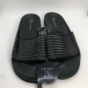 INC Womens Sz XL (11/12) Mesh Stripe Slides Slippers Pool House Dorm Shoes Black